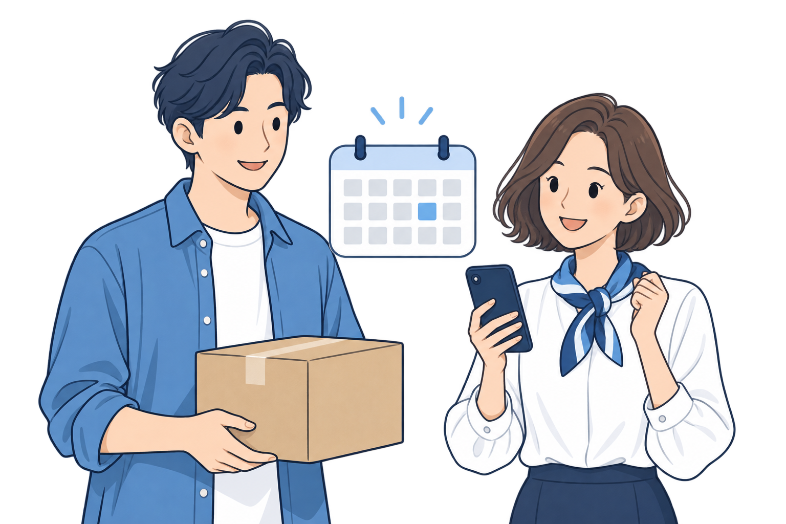 荷物を届けるストアと、スマートフォンで到着を確認するお客さま